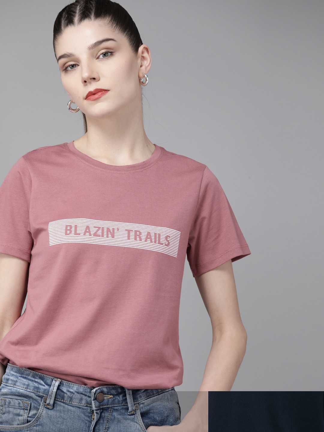 

Roadster Women Set Of 2 Printed Pure Cotton T-shirts, Pink