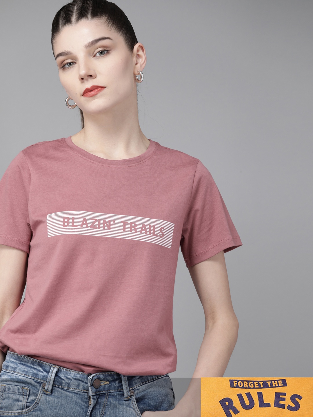 

Roadster Women Pack of 2 Pure Cotton Typography T-shirts, Rose