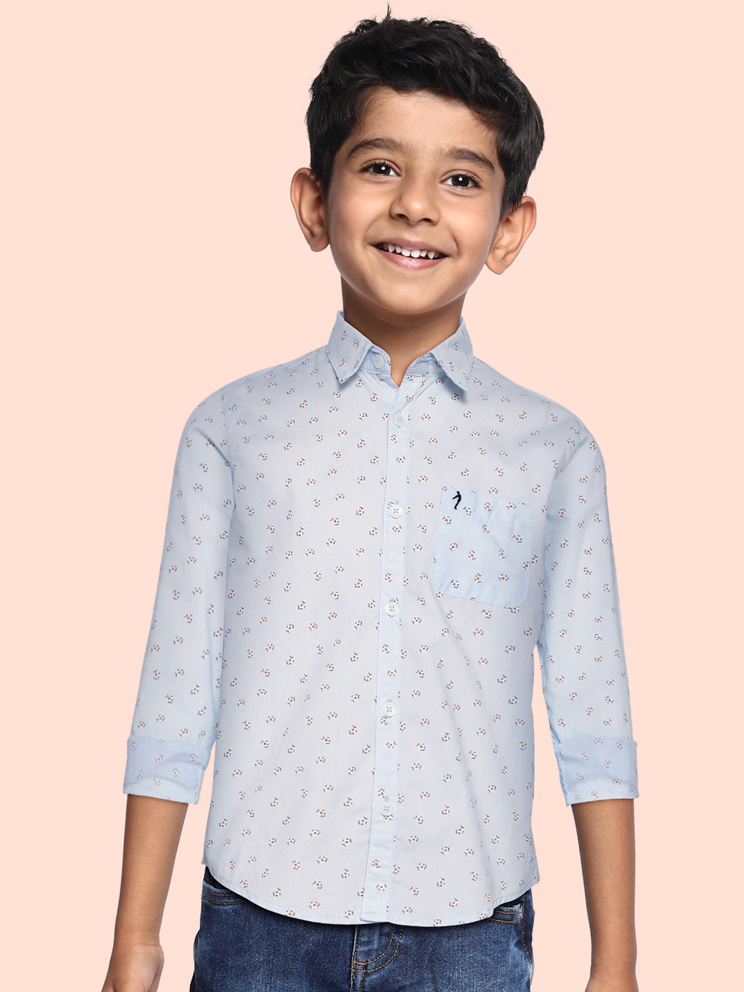 

Indian Terrain Boys Blue & Peach-Coloured Floral Print Pure Cotton Casual Shirt
