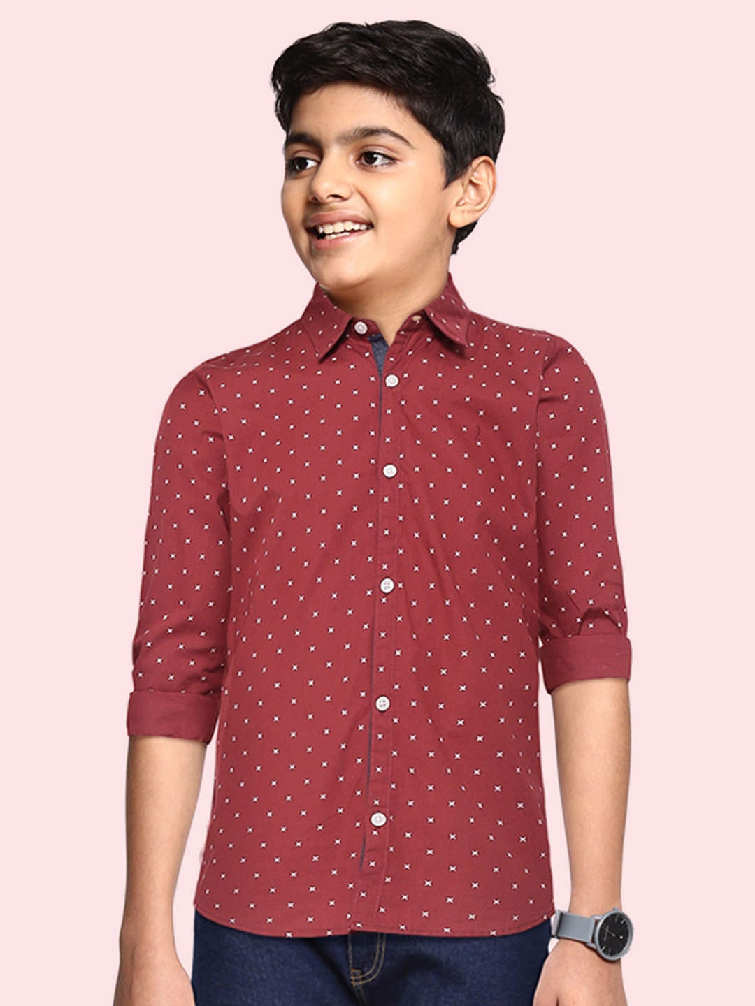 

Indian Terrain Boys Maroon & White Printed Pure Cotton Casual Shirt