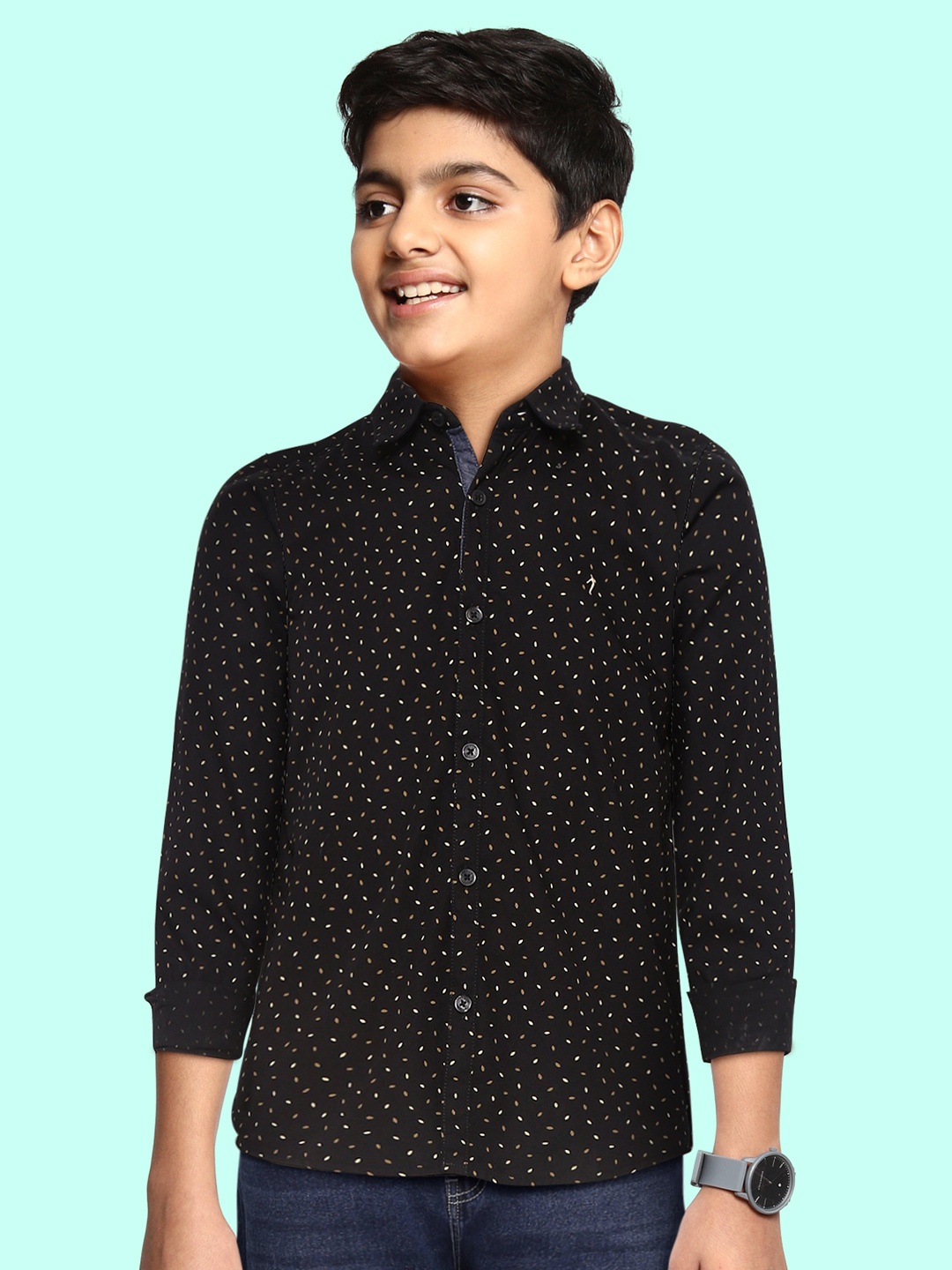 

Indian Terrain Boys Black & Olive Green Ditsy Printed Cotton Casual Shirt