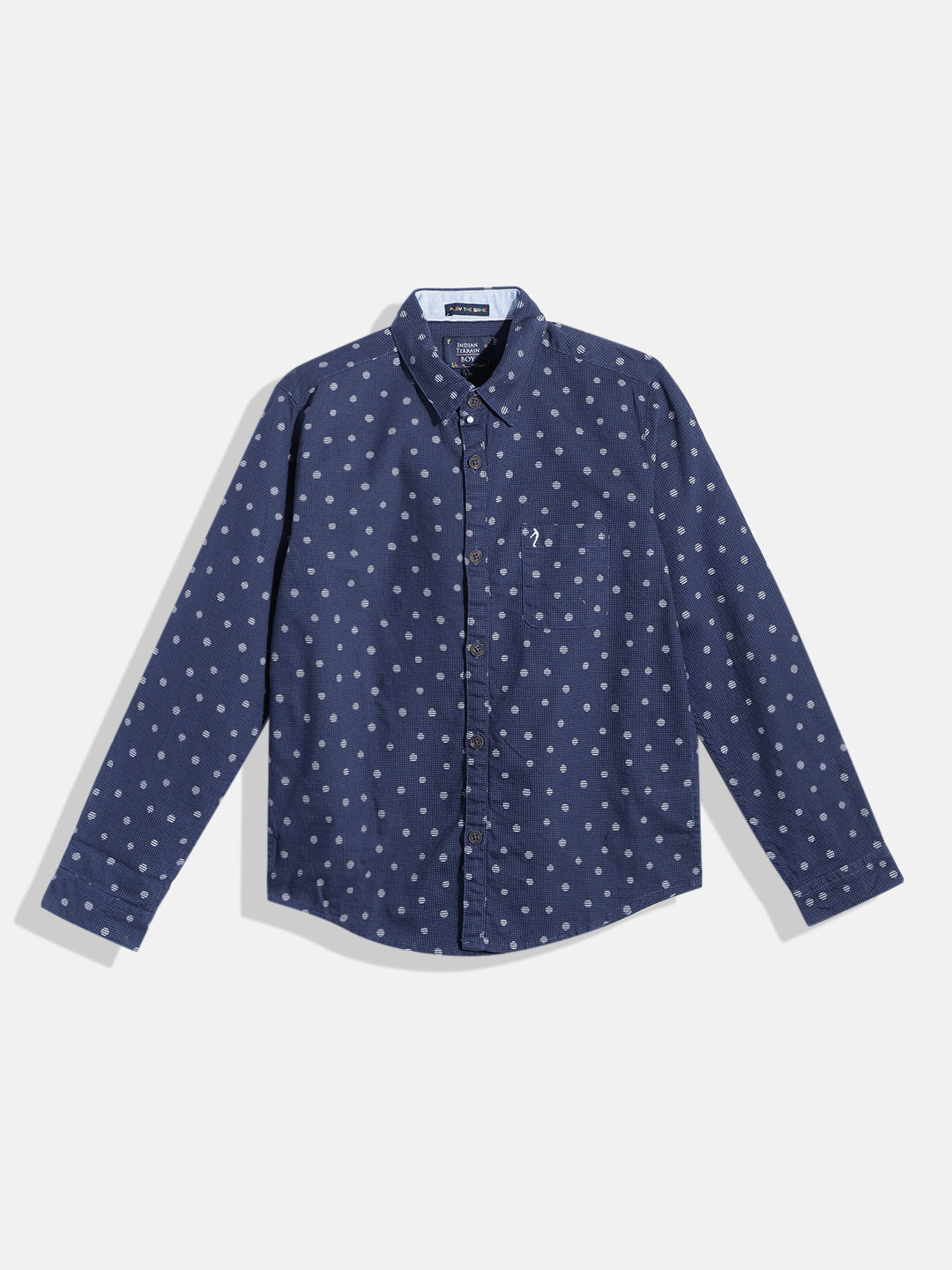

Indian Terrain Boys Navy Blue & White Ditsy Polka Dot Printed Cotton Casual Shirt