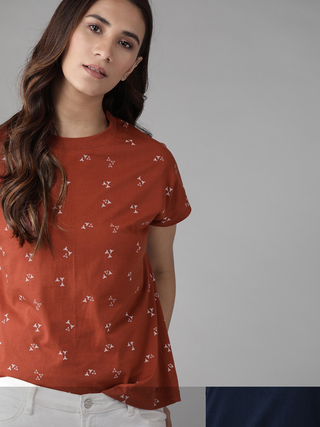 

Roadster Women Set Of 2 Printed Pure Cotton T-shirts, Rust
