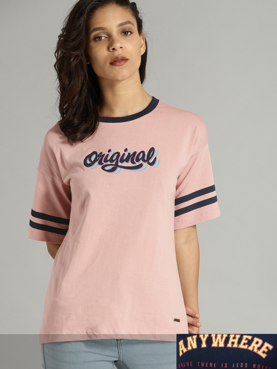 

Roadster Women Pack of 2 Pure Cotton Typography Print Drop-Shoulder Sleeves T-shirts, Pink