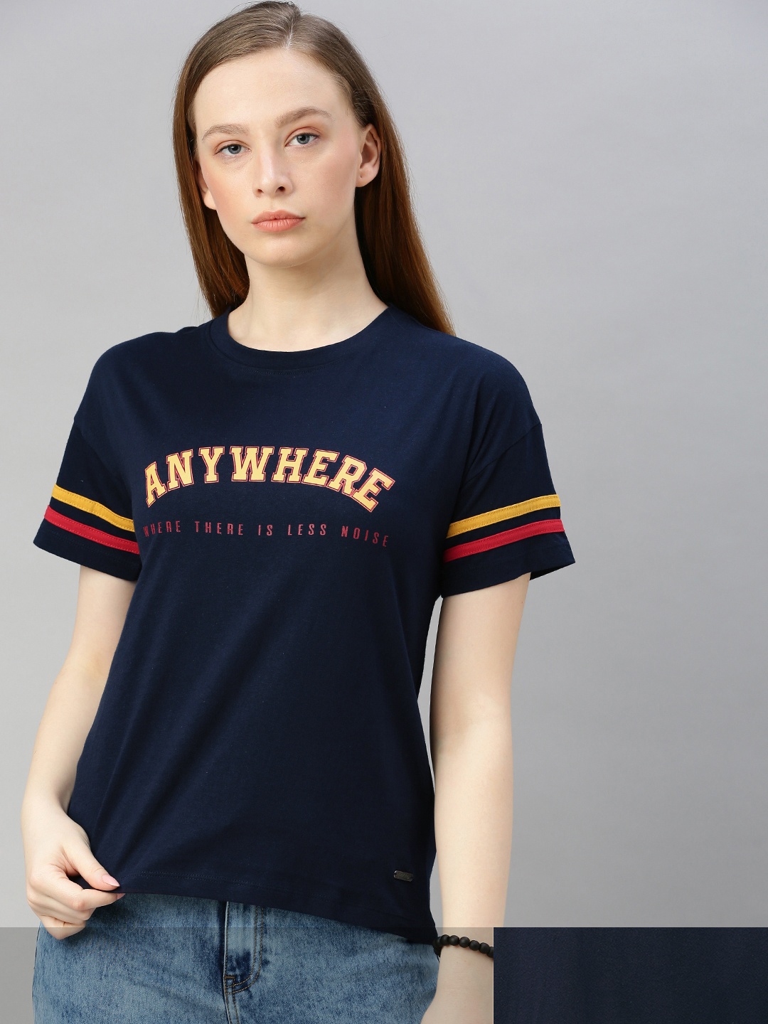 

Roadster Women Set Of 2 Printed Pure Cotton T-shirts, Navy blue