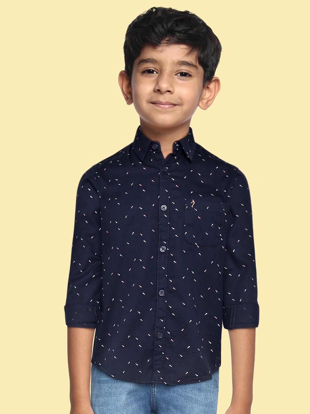 

Indian Terrain Boys Navy Blue & Peach-Coloured Printed Pure Cotton Casual Shirt