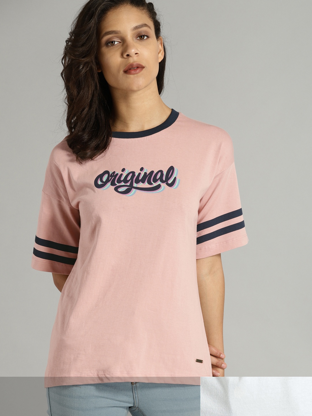 

Roadster Women Pack of 2 Printed Cotton T-shirt, Peach