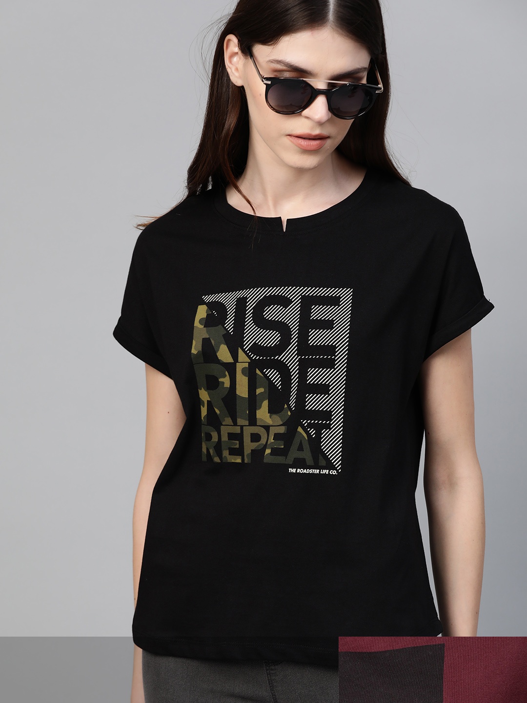 

Roadster Women Pack of 2 Printed Cotton T-shirt, Black