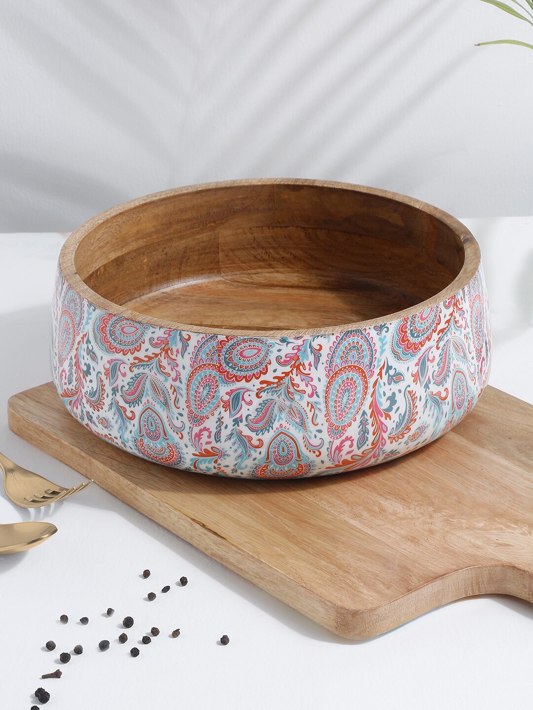 

EK BY EKTA KAPOOR Unisex White & Pink Alankar Enamel Print Handcrafted Wooden Serving Bowl