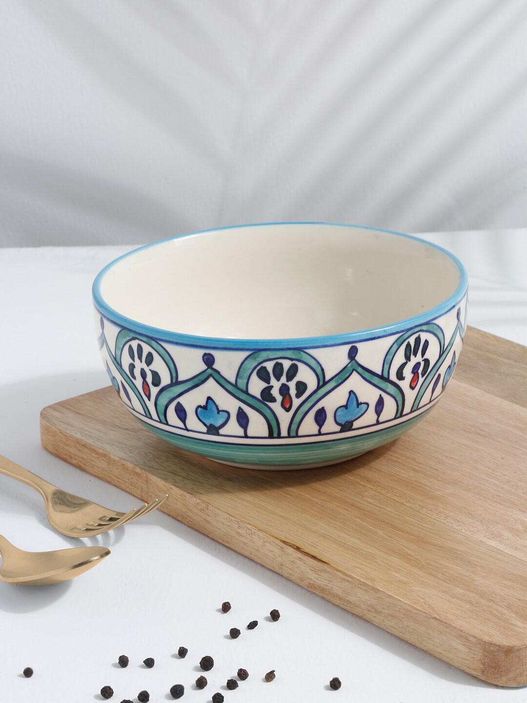 

EK BY EKTA KAPOOR Green & Off White Printed Glazed Ceramic Serving Bowl