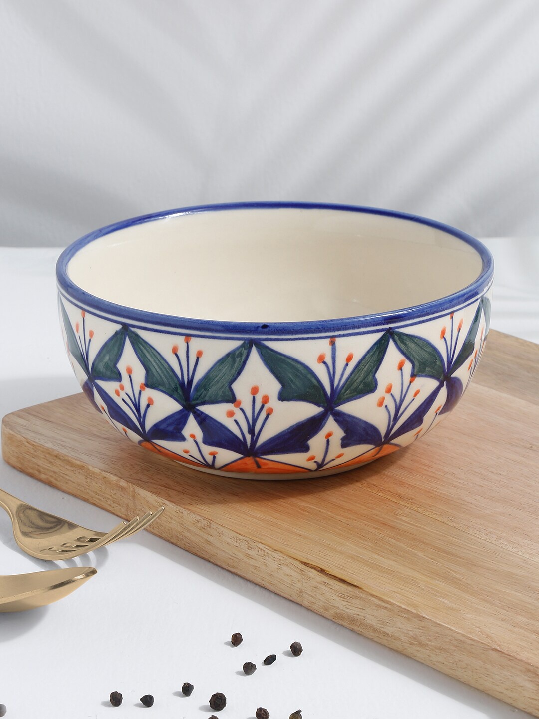 

EK BY EKTA KAPOOR Off White & Blue Printed Handmade Glazed Ceramic Serving Bowl