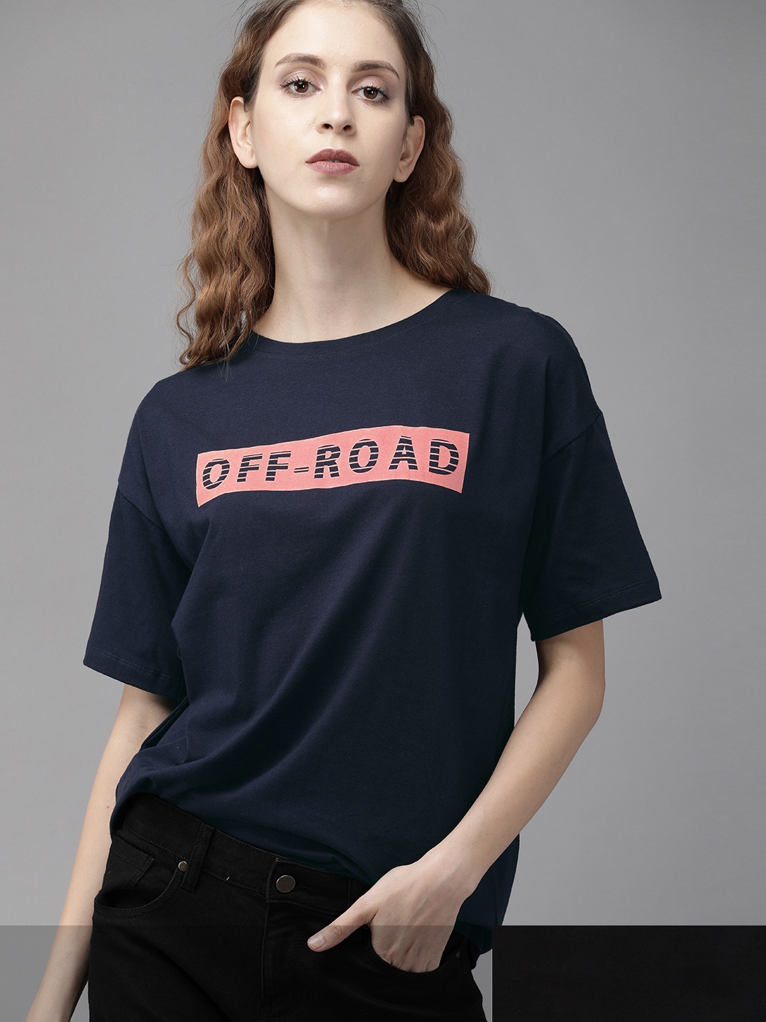 

Roadster Women Set Of 2 Printed Pure Cotton T-shirts, Navy blue