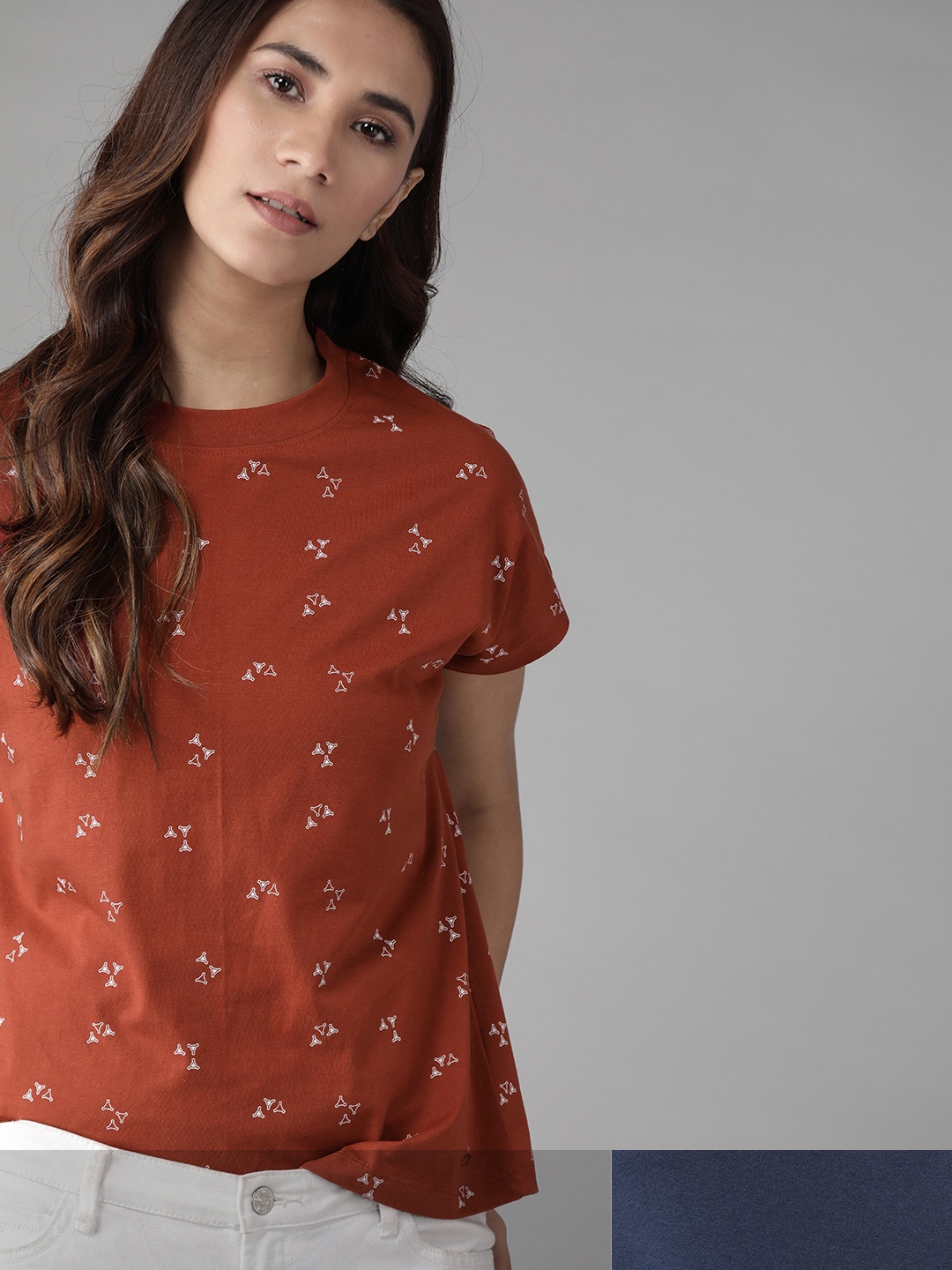 

Roadster Women Set Of 2 Printed Pure Cotton T-shirts, Rust