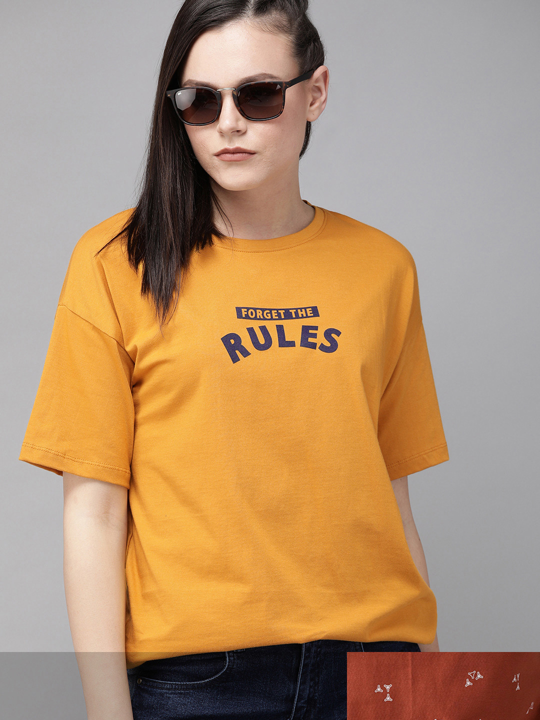 

Roadster Women Pack of 2 Printed Cotton T-shirt, Mustard