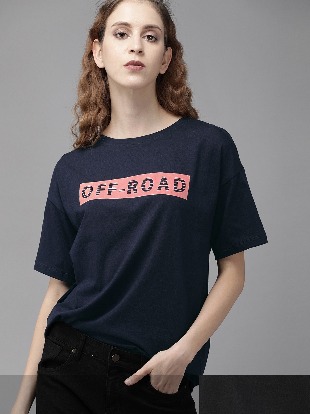 

Roadster Women Set Of 2 Pure Cotton T-shirts, Navy blue