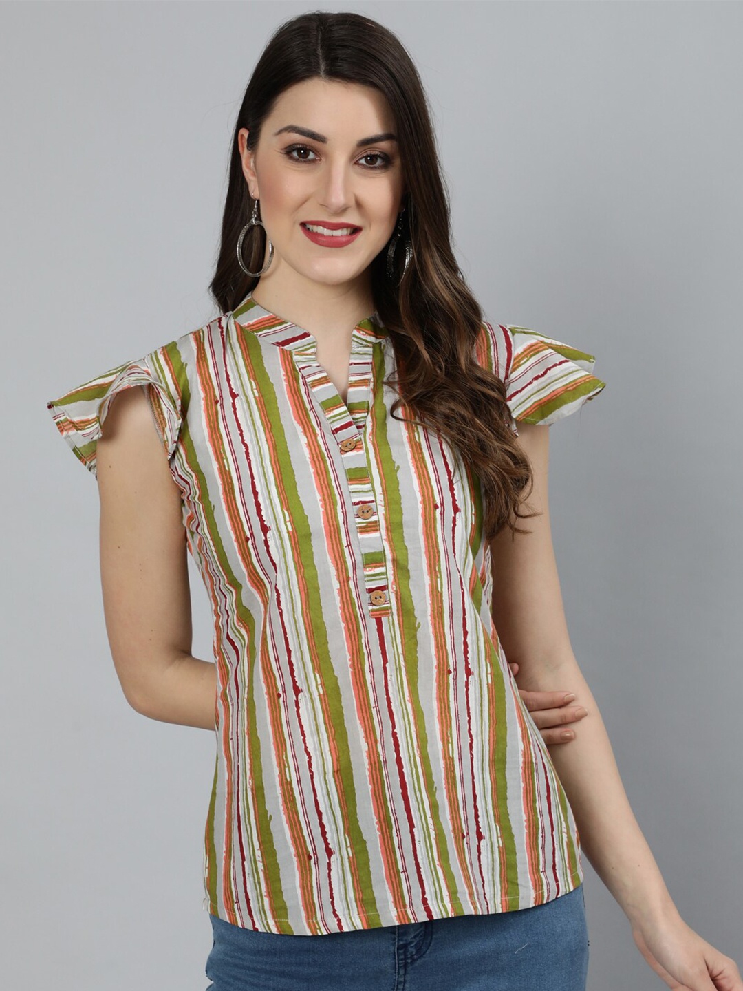 

AASI - HOUSE OF NAYO Multicoloured Striped Mandarin Collar Pure Cotton Crepe Top, Multi
