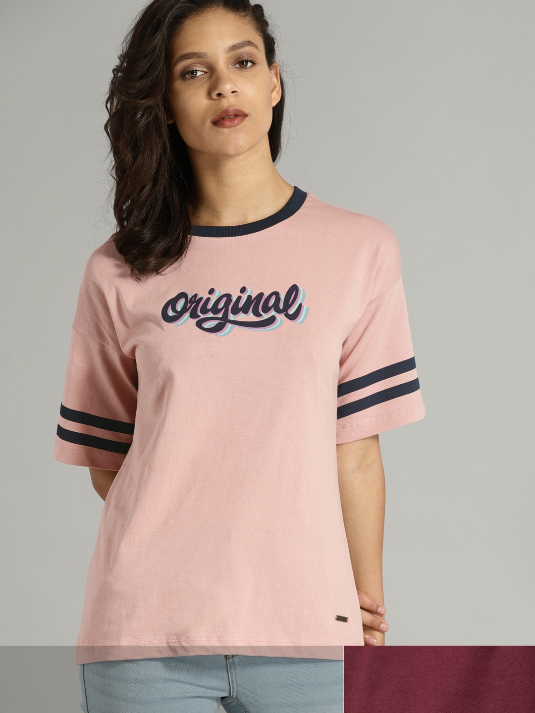 

Roadster Women Pack of 2 Printed Cotton T-shirt, Peach