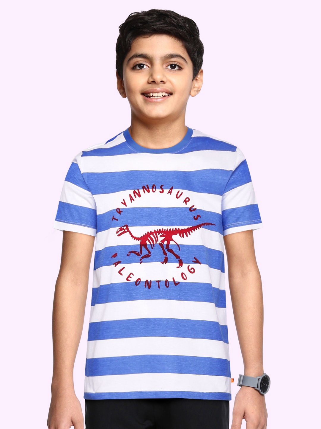 

Indian Terrain Boys Blue & White Striped Pure Cotton T-shirt