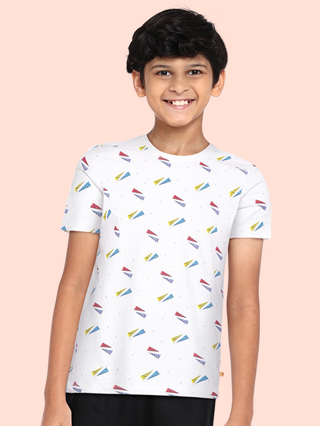 

Indian Terrain Boys White & Blue Brand Logo Print Pure Cotton T-shirt