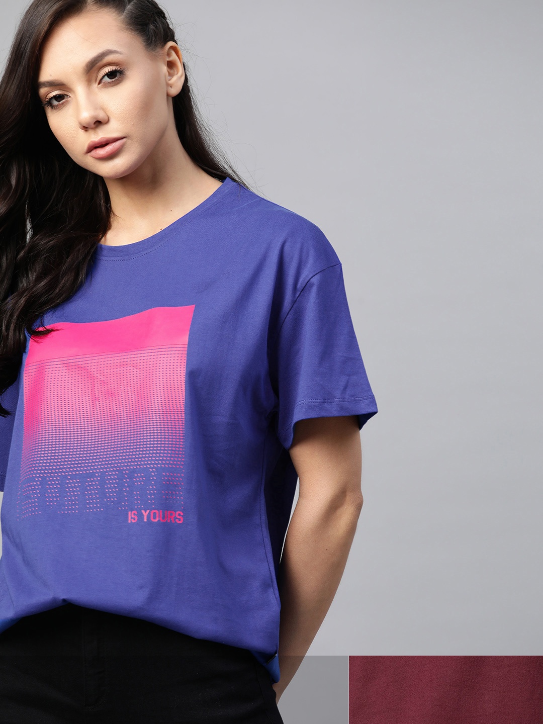 

Roadster Women Pack of 2 Printed Cotton T-shirt, Blue