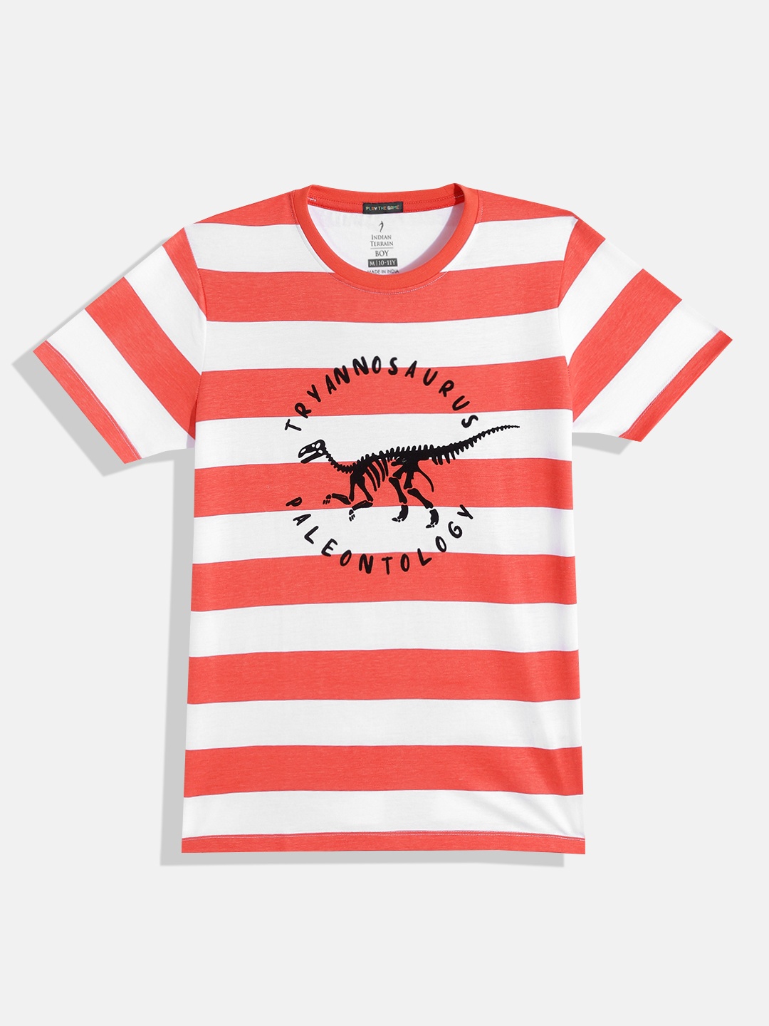 

Indian Terrain Boys Orange & White Striped Pure Cotton T-shirt