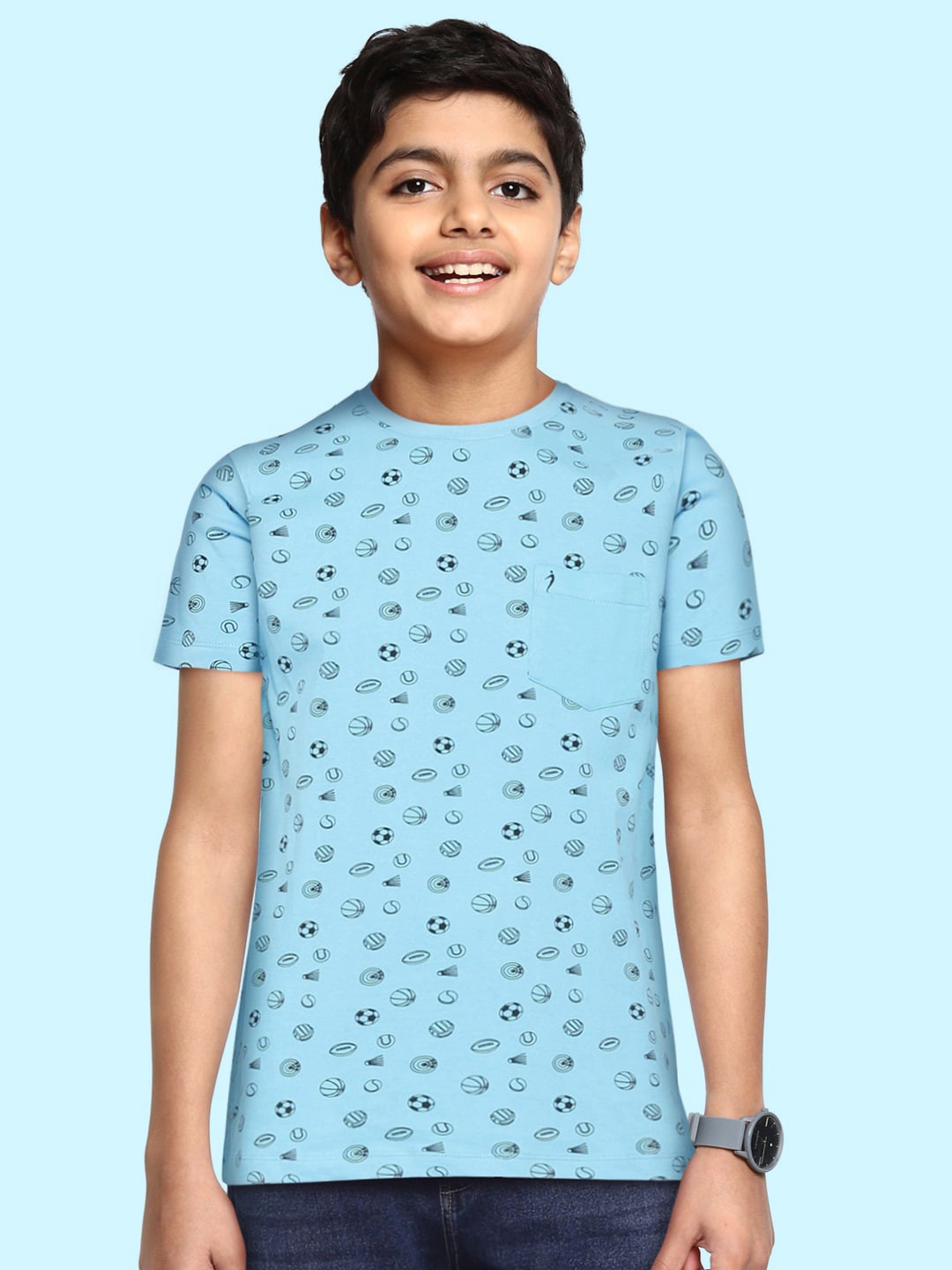 

Indian Terrain Boys Blue & Black Printed Pure Cotton T-shirt