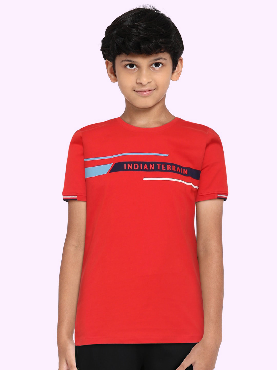 

Indian Terrain Boys Red & Blue Brand Logo Print Pure Cotton T-shirt