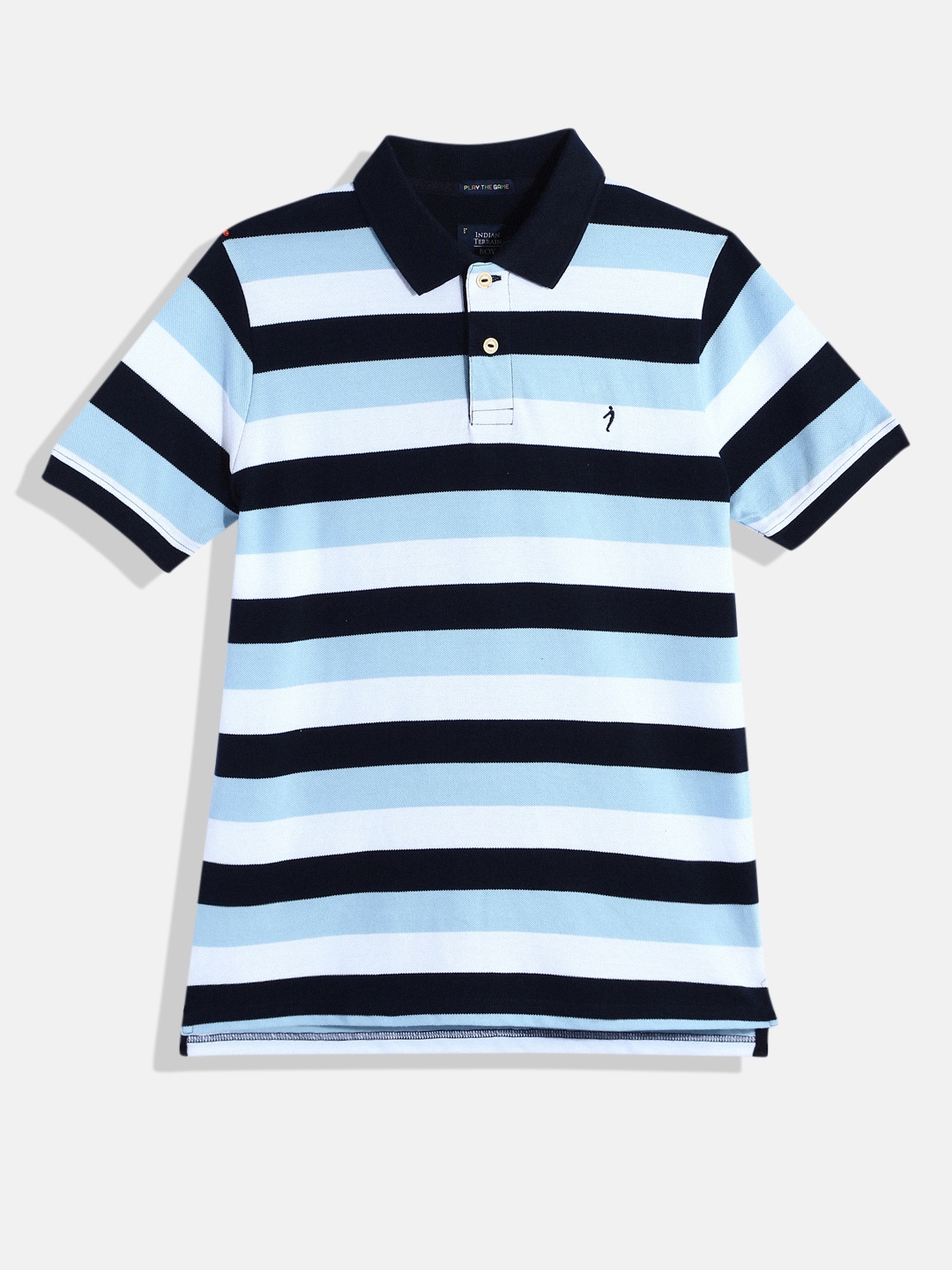 

Indian Terrain Boys Striped Pure Cotton Polo Collar T-shirt, Blue