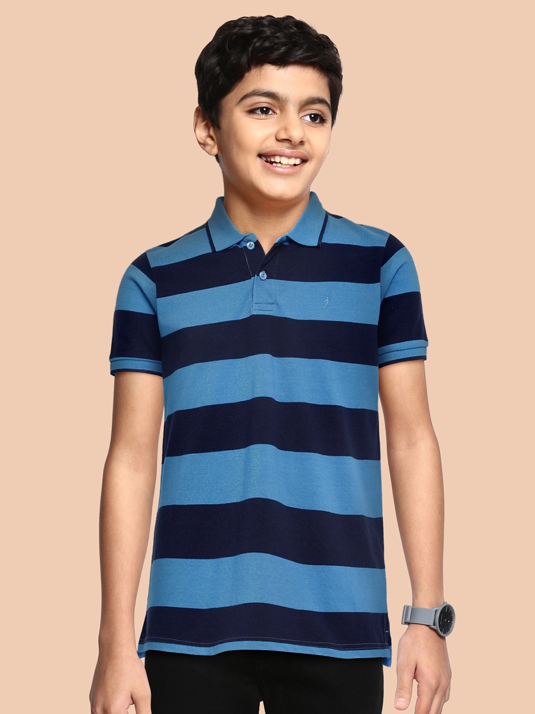 

Indian Terrain Boys Blue Striped Polo Collar Pure Cotton T-shirt