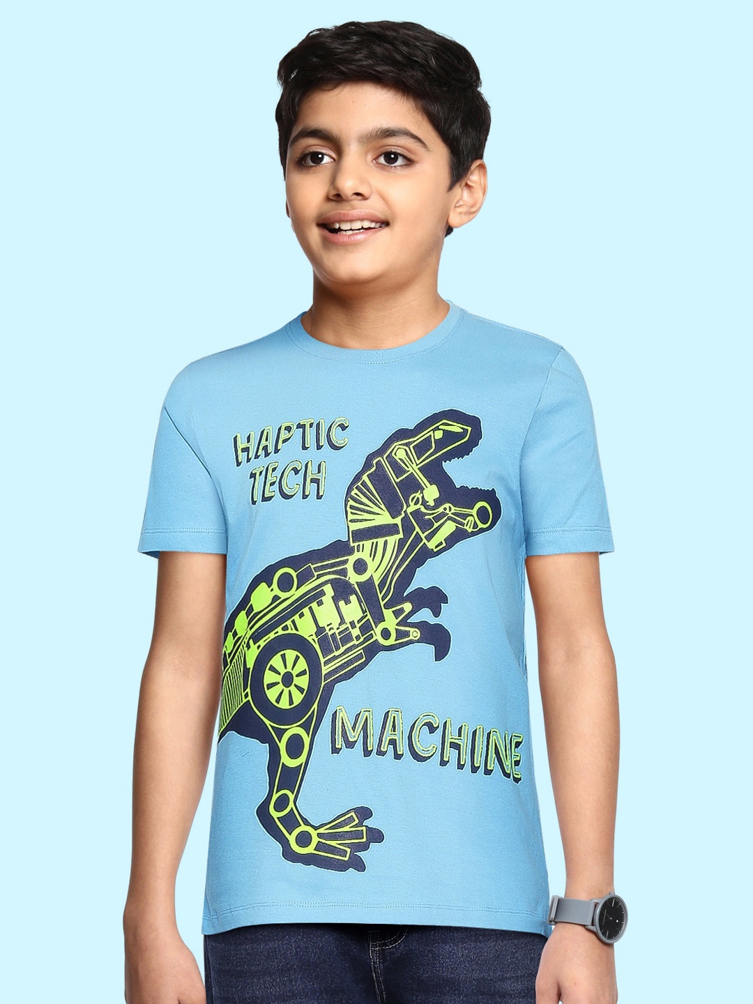 

Indian Terrain Boys Blue & Neon Green Printed Pure Cotton T-shirt