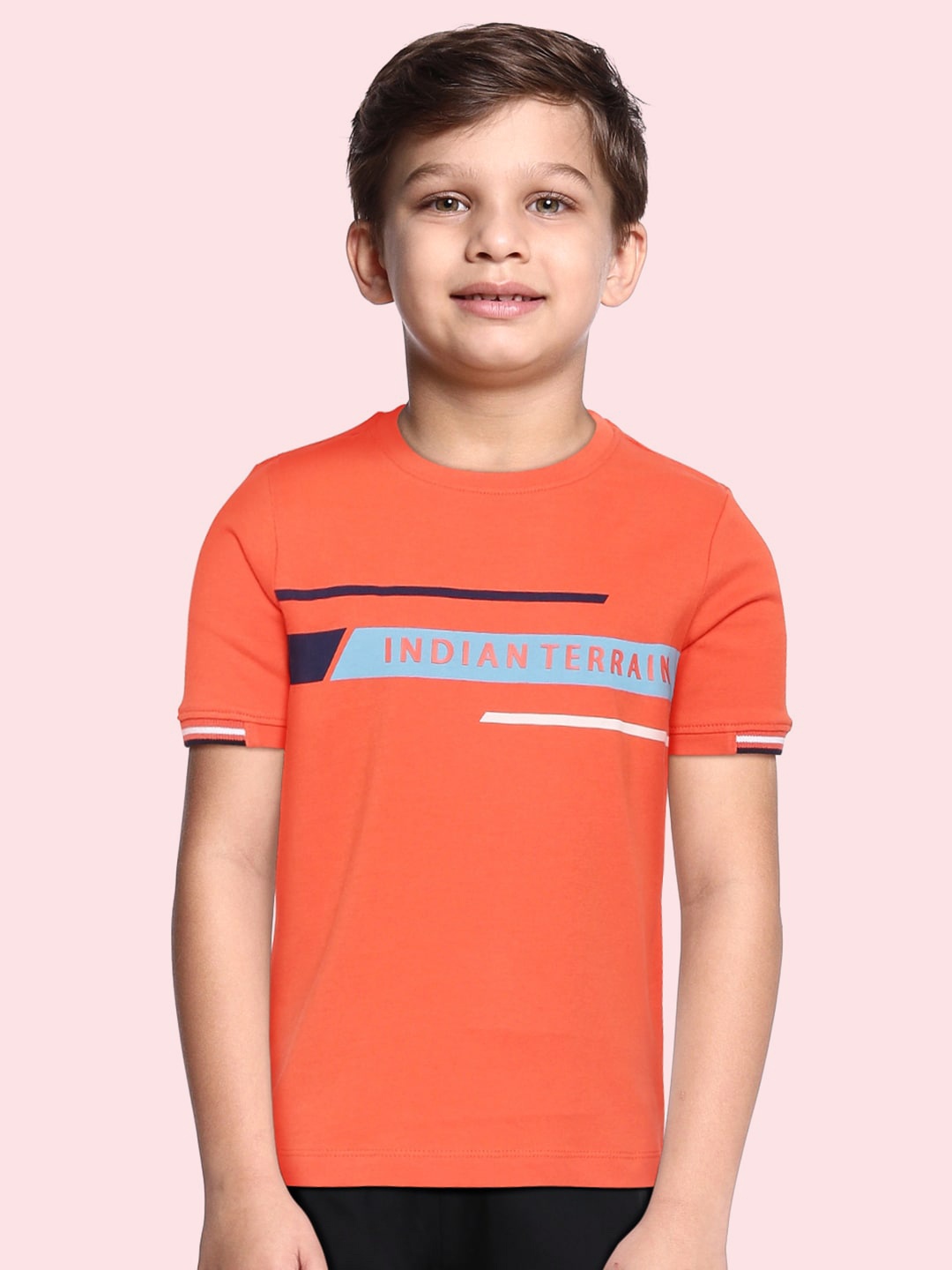 

Indian Terrain Boys Orange & Blue Brand Logo Print Pure Cotton T-shirt