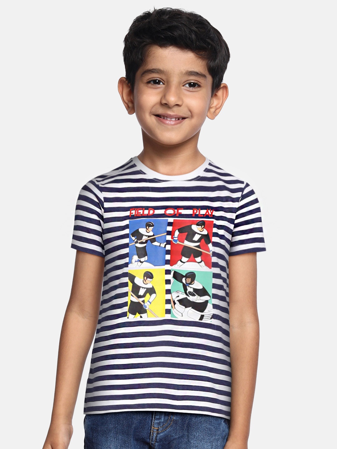 

Indian Terrain Boys White & Navy Blue Striped & Graphic Print Cotton T-shirt