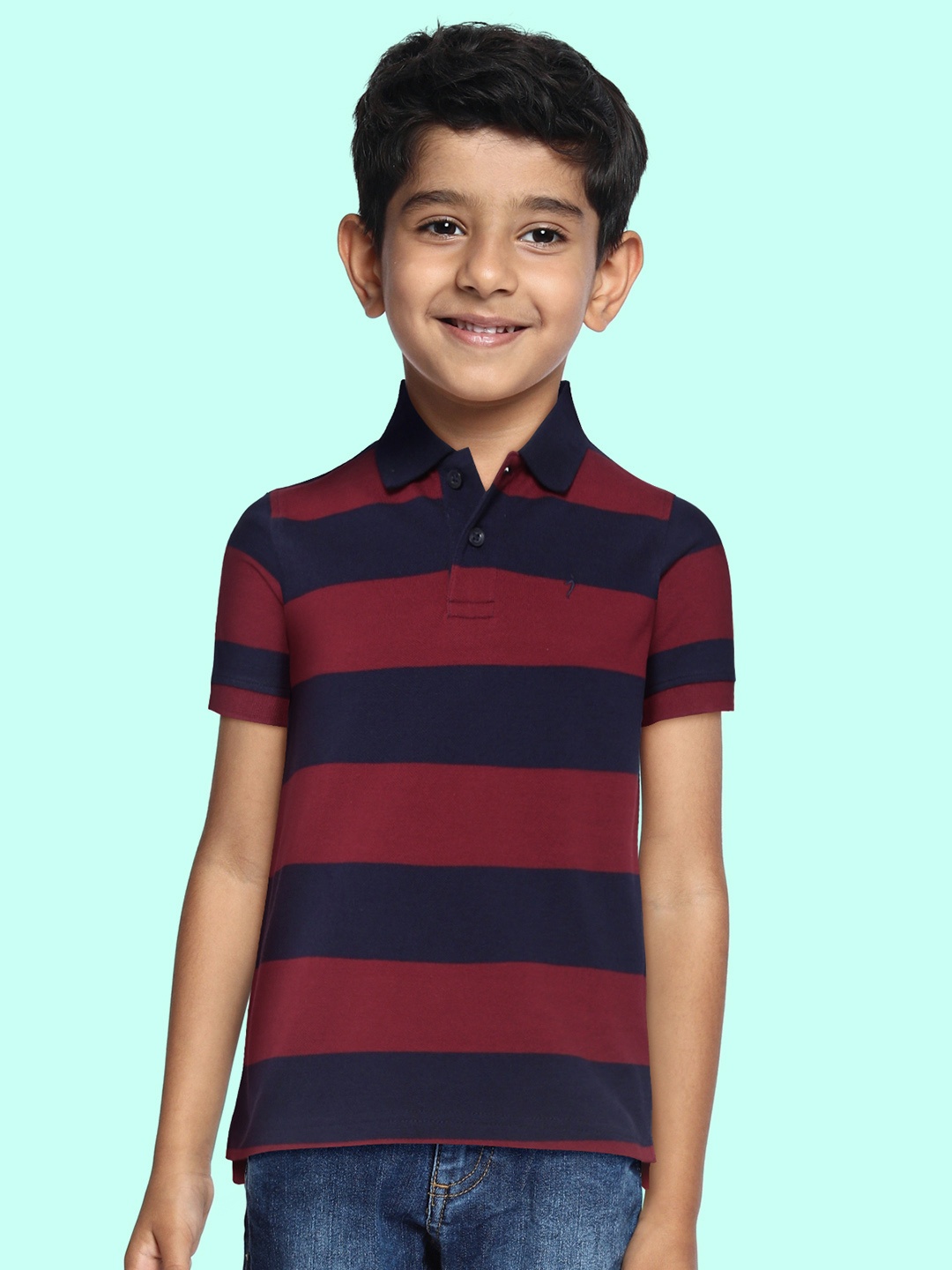 

Indian Terrain Boys Maroon & Navy Blue Striped Cotton Polo Collar T-shirt