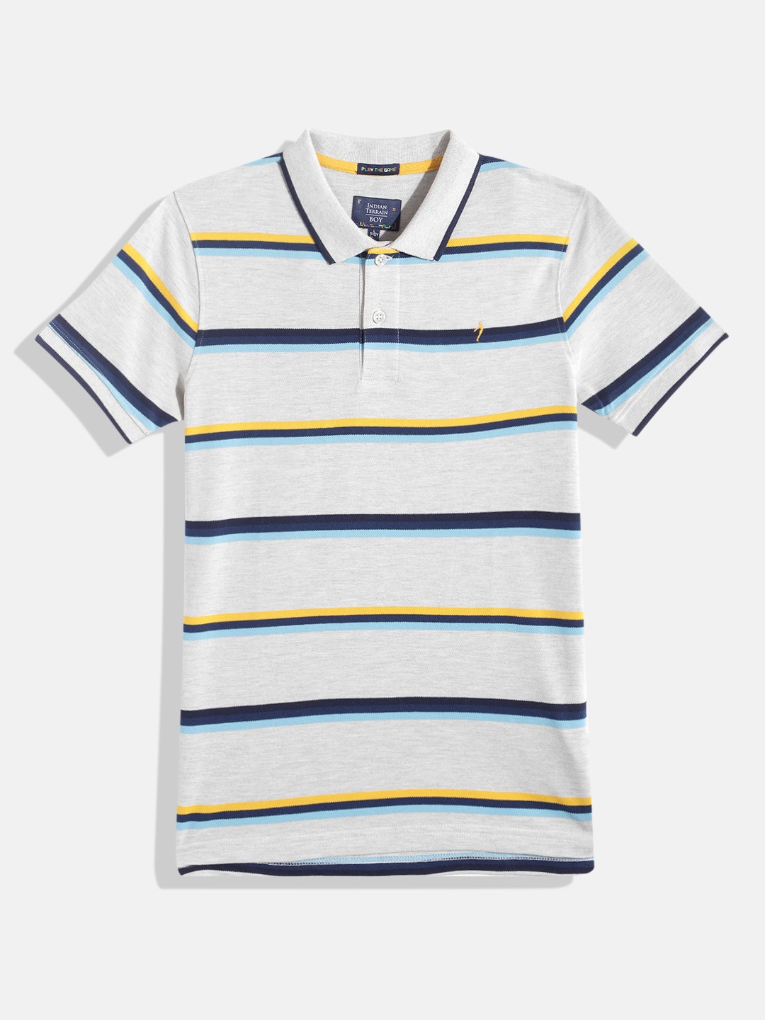 

Indian Terrain Boys Horizontally Striped Polo Collar Pure Cotton T-shirt, Grey melange