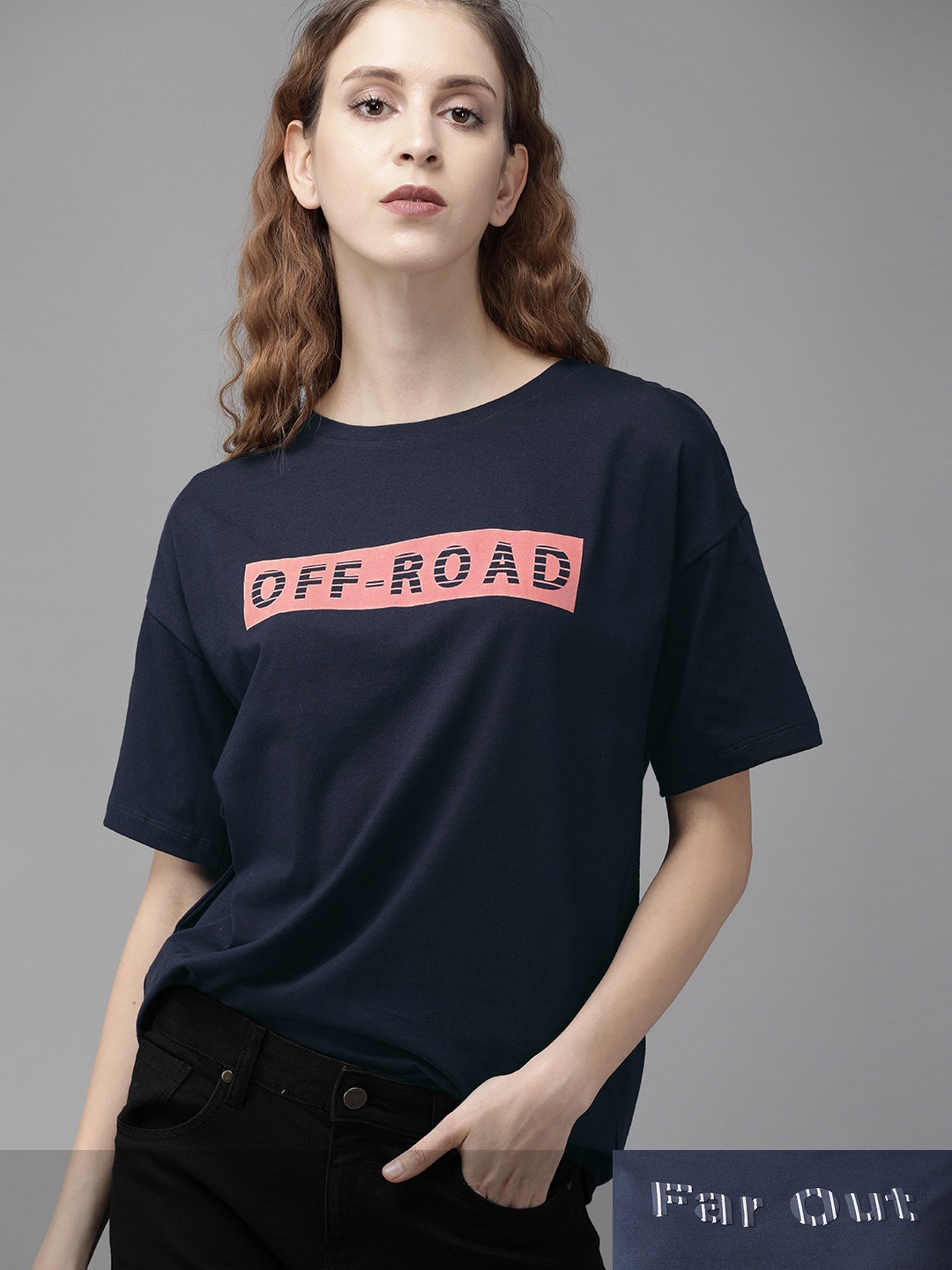 

Roadster Women Set Of 2 Printed Pure Cotton T-shirts, Navy blue