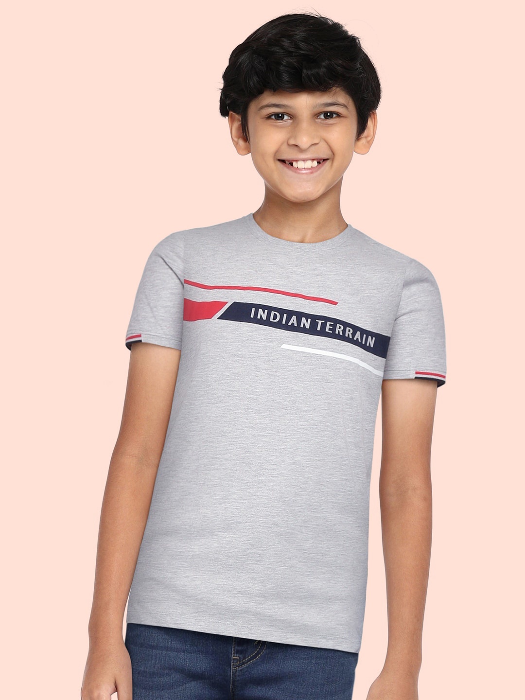 Indian Terrain Boys Grey Melange Brand Logo Print T-shirt
