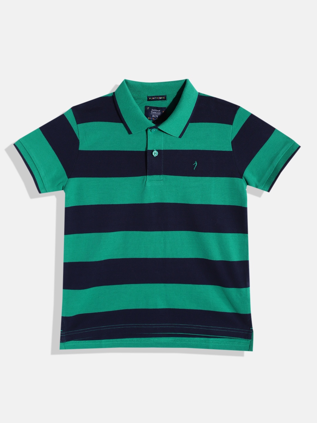 

Indian Terrain Boys Green & Navy Blue Striped Cotton Polo Collar T-shirt