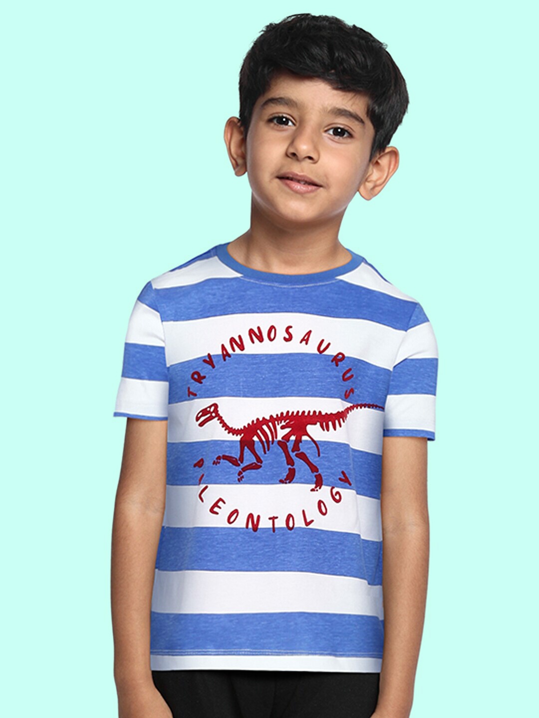 Indian Terrain Boys Blue & White Striped Pure Cotton T-shirt