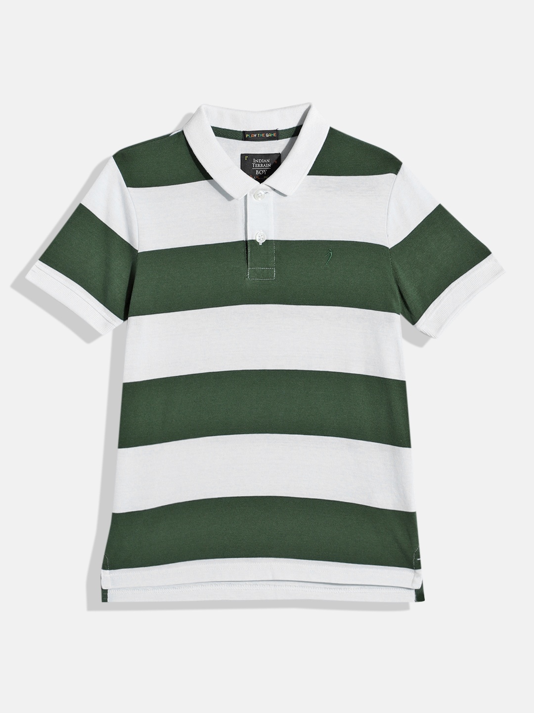 

Indian Terrain Boys Striped Polo Collar Pure Cotton T-shirt, White