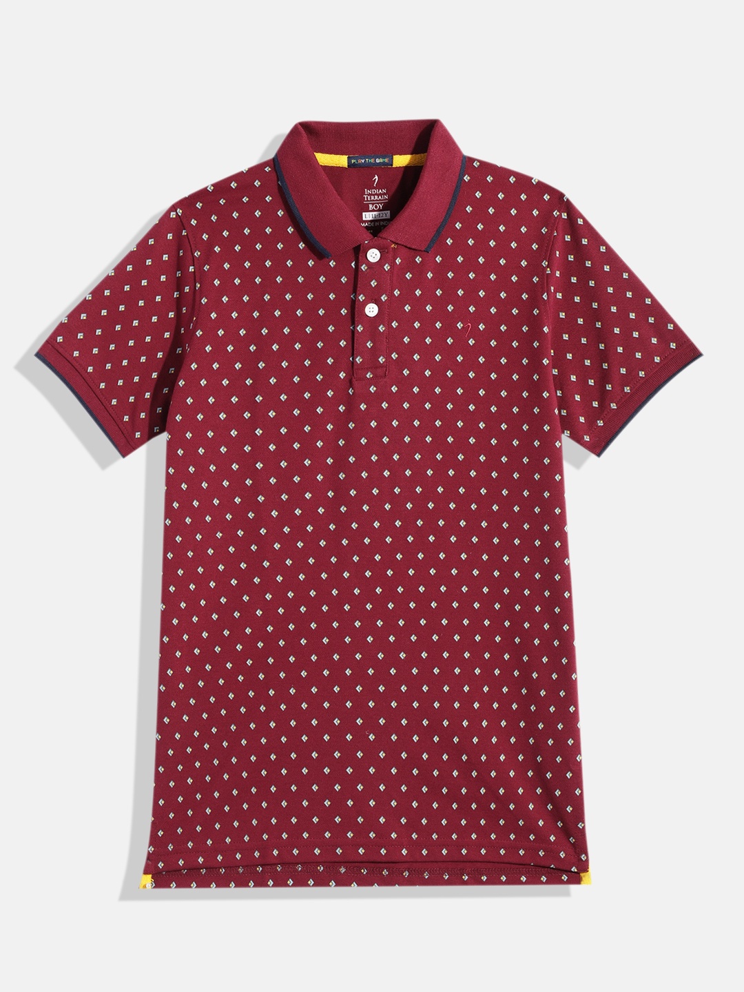 

Indian Terrain Boys Micro Ditsy Geometric Print Polo Collar Knitted T-shirt, Maroon