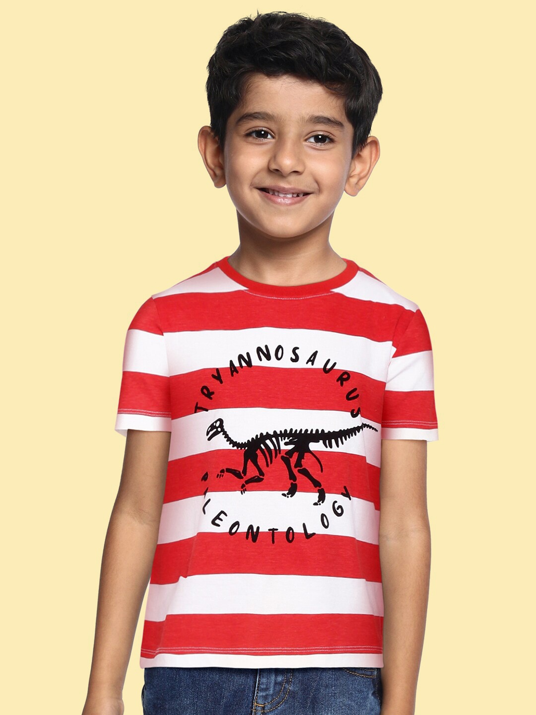 

Indian Terrain Boys Red & White Striped Pure Cotton T-shirt