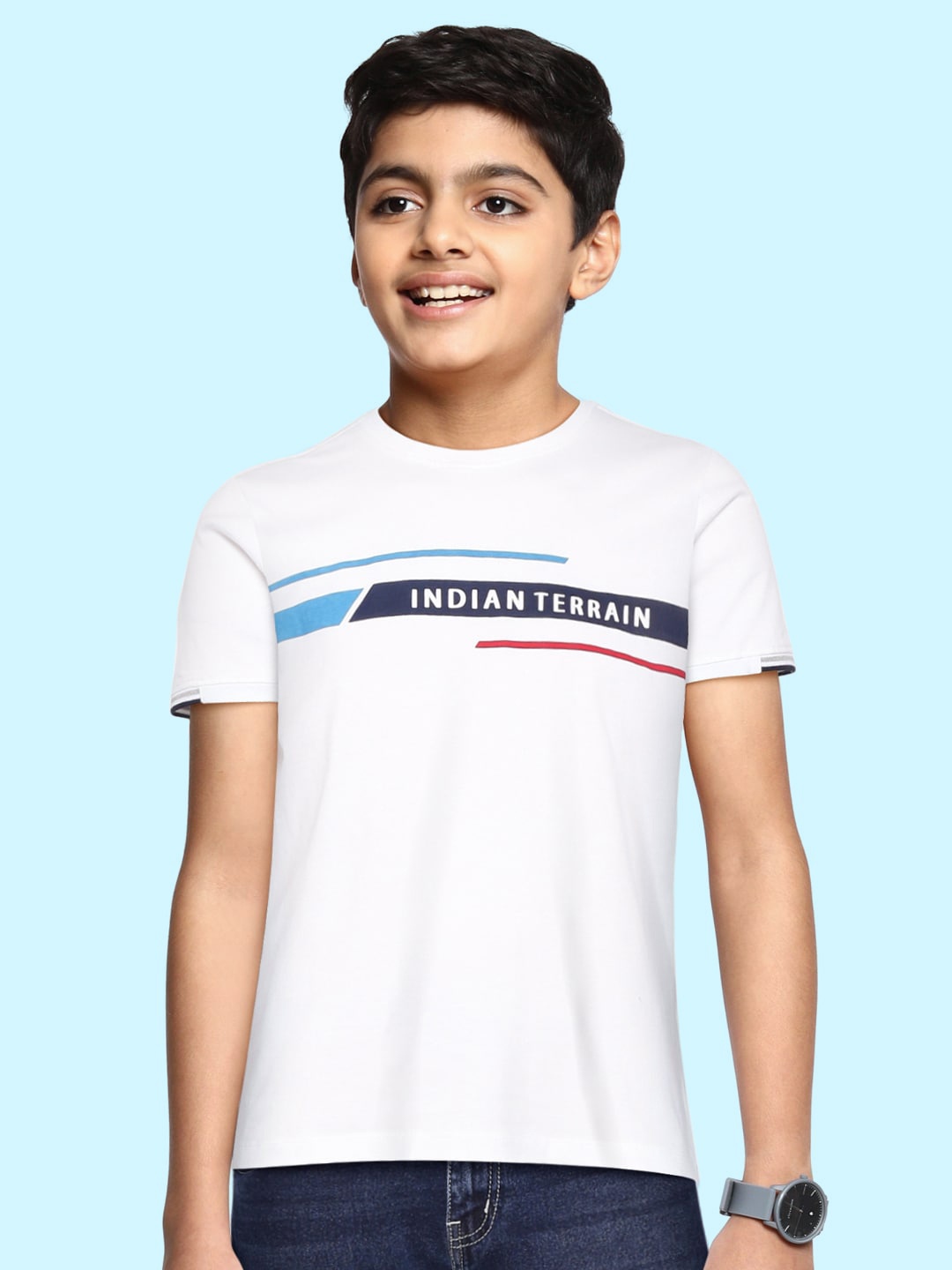 Indian Terrain Boys White & Blue Brand Logo Print Pure Cotton T-shirt