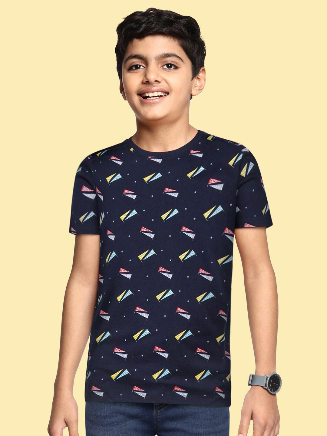 

Indian Terrain Boys Navy Blue & Red Brand Logo Print Pure Cotton T-shirt