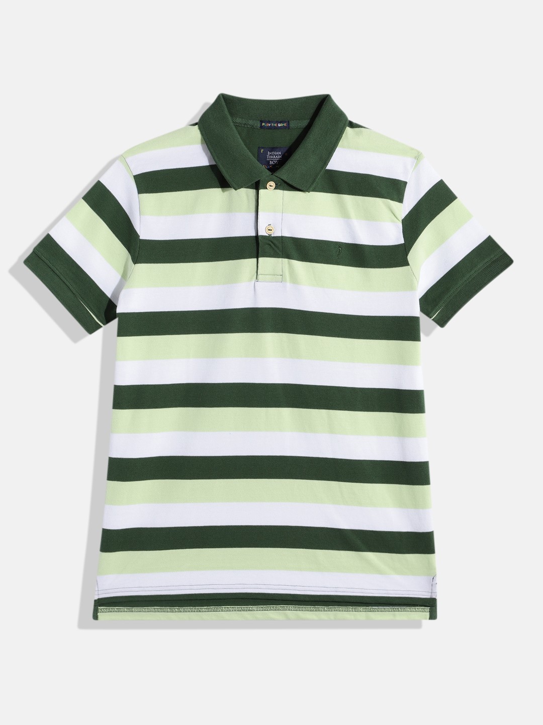 

Indian Terrain Boys Striped Pure Cotton Polo Collar T-shirt, Green