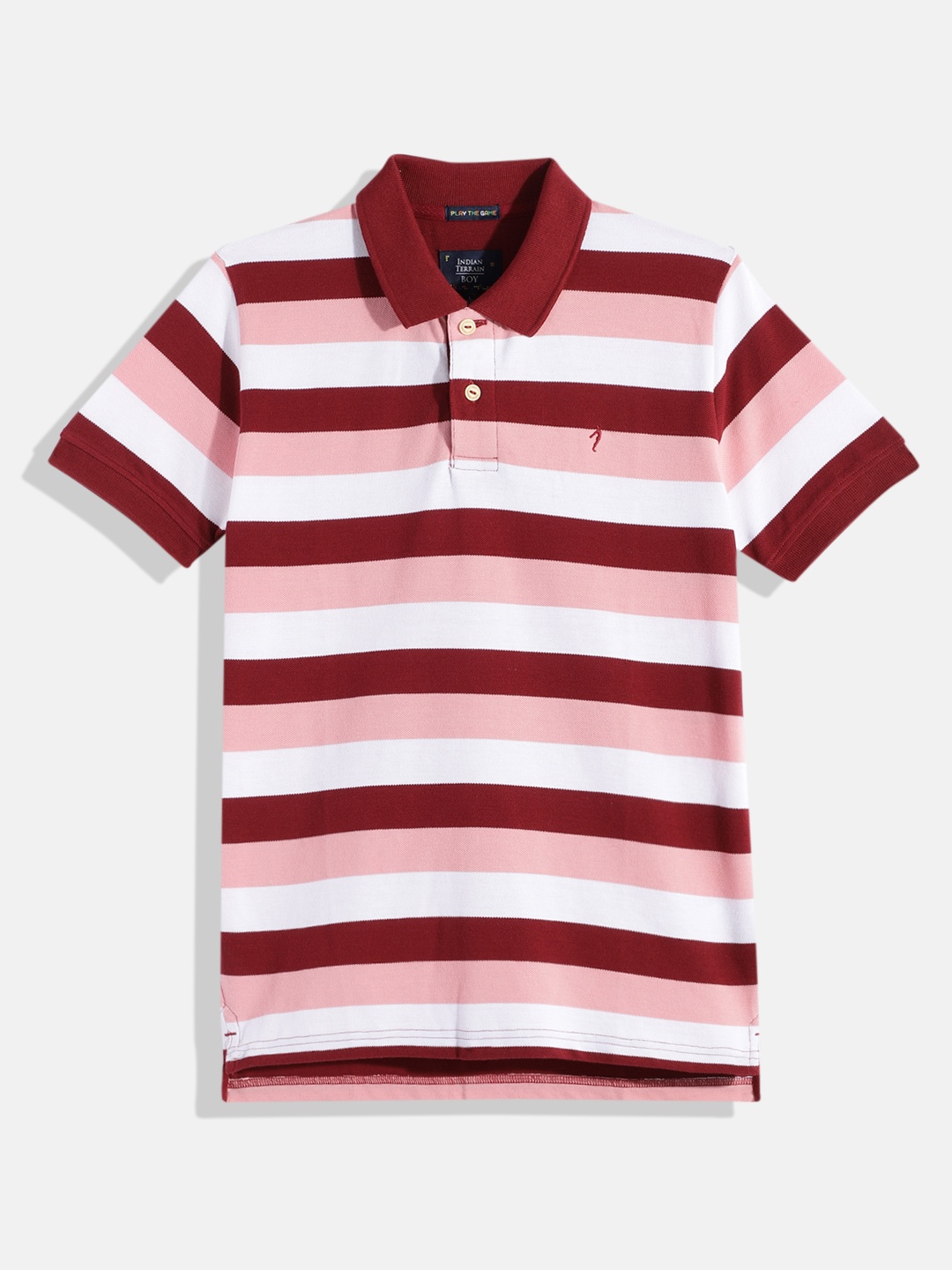 

Indian Terrain Boys Striped Polo Collar Pure Cotton T-shirt, Maroon