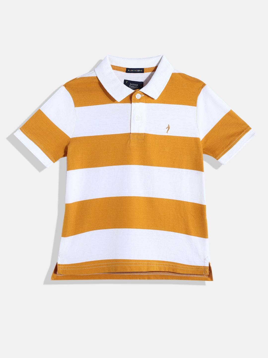 

Indian Terrain Boys Striped Polo Collar Pure Cotton T-shirt, Mustard