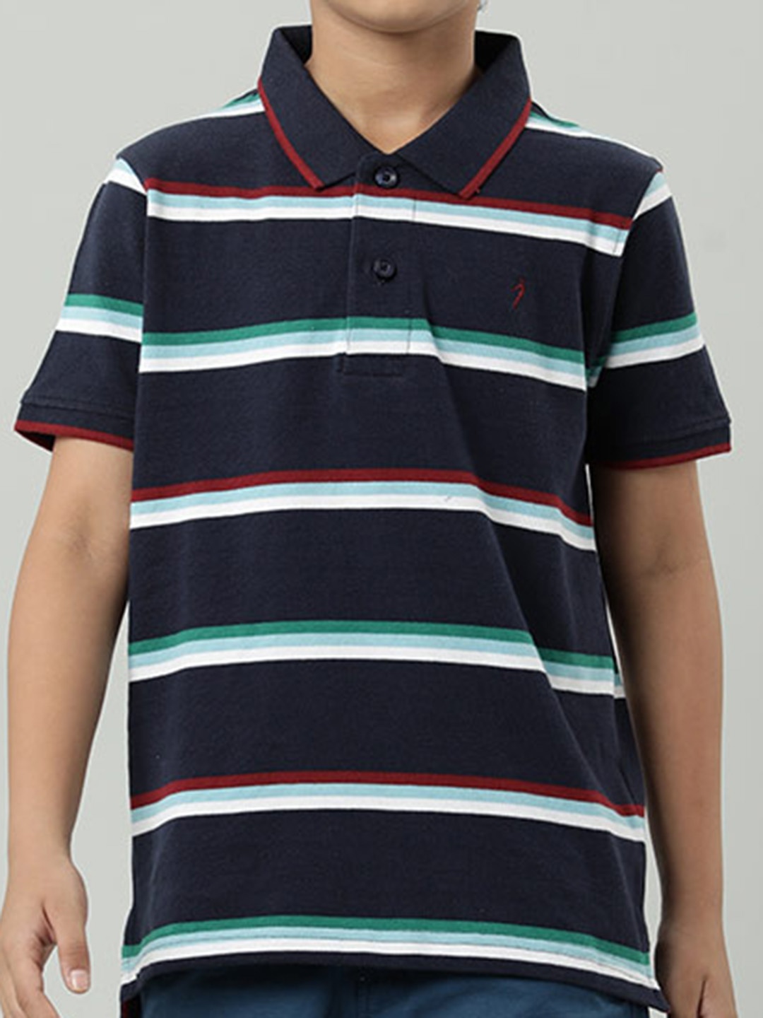 

Indian Terrain Boys Horizontally Striped Polo Collar Pure Cotton T-shirt, Navy blue