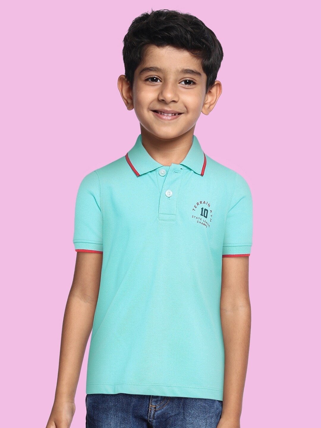 

Indian Terrain Boys Blue Brand Logo Polo Collar Anti Static Sustainable T-shirt