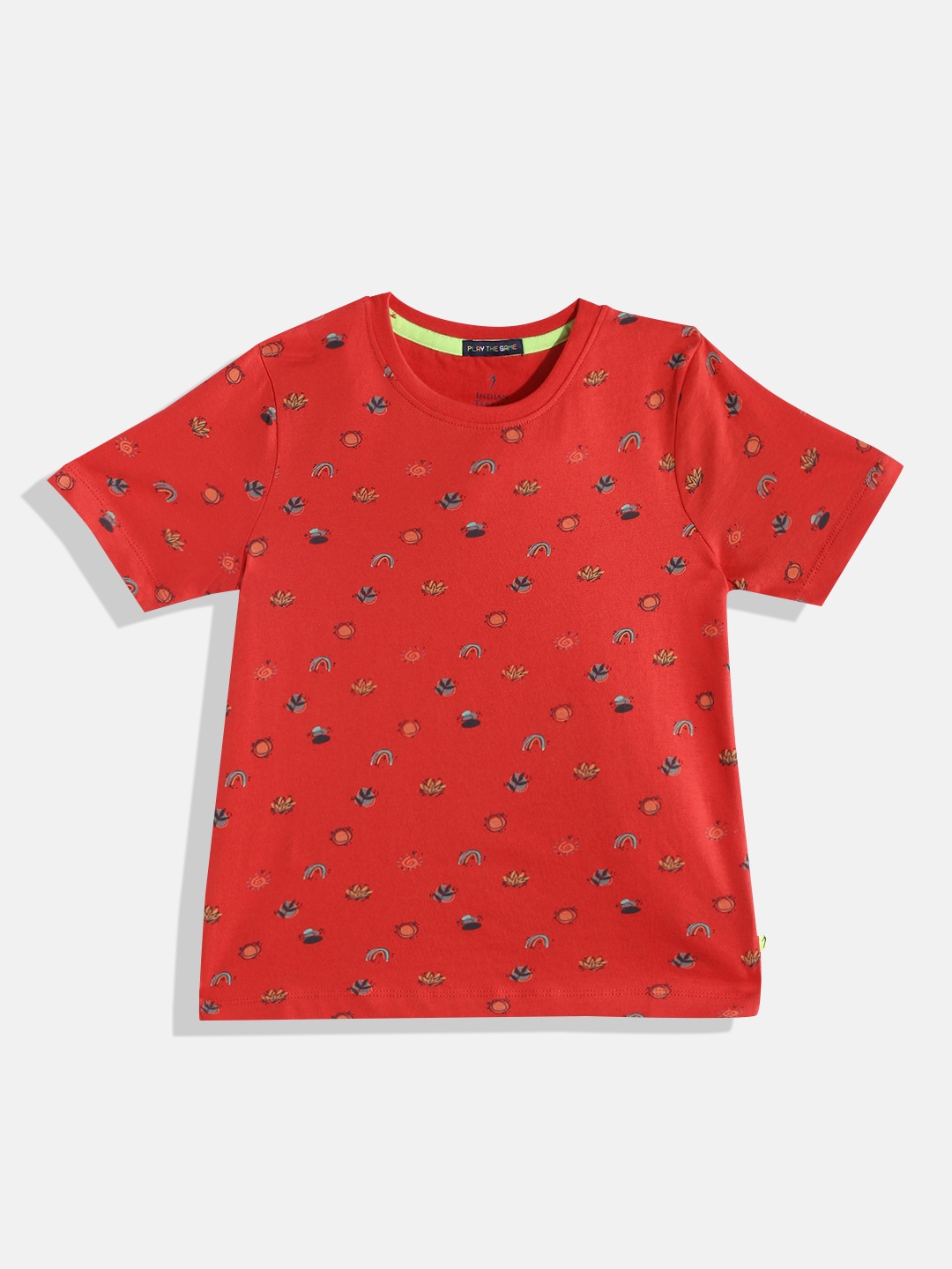 

Indian Terrain Boys Red & Black Printed Pure Cotton T-shirt