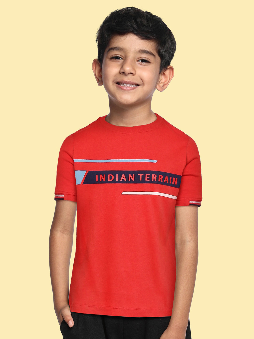 

Indian Terrain Boys Red & Blue Brand Logo Print Pure Cotton T-shirt
